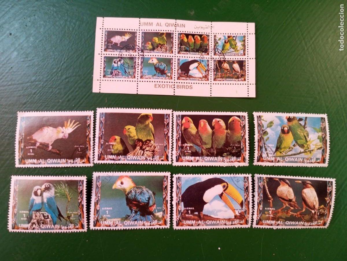 Sellos: AVES, CURIOSO CONJUNTO DE 8 SELLOS Y UNA MINI HOJA BLOQUE CON LOS MISMOS