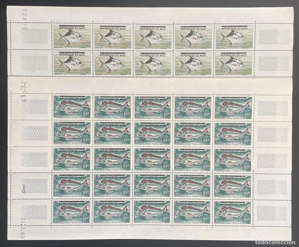 Sellos: Mali 1961 YT 10 12 tabl&oacute;n sobrecargado peces Blepharis Dentex fauna marina