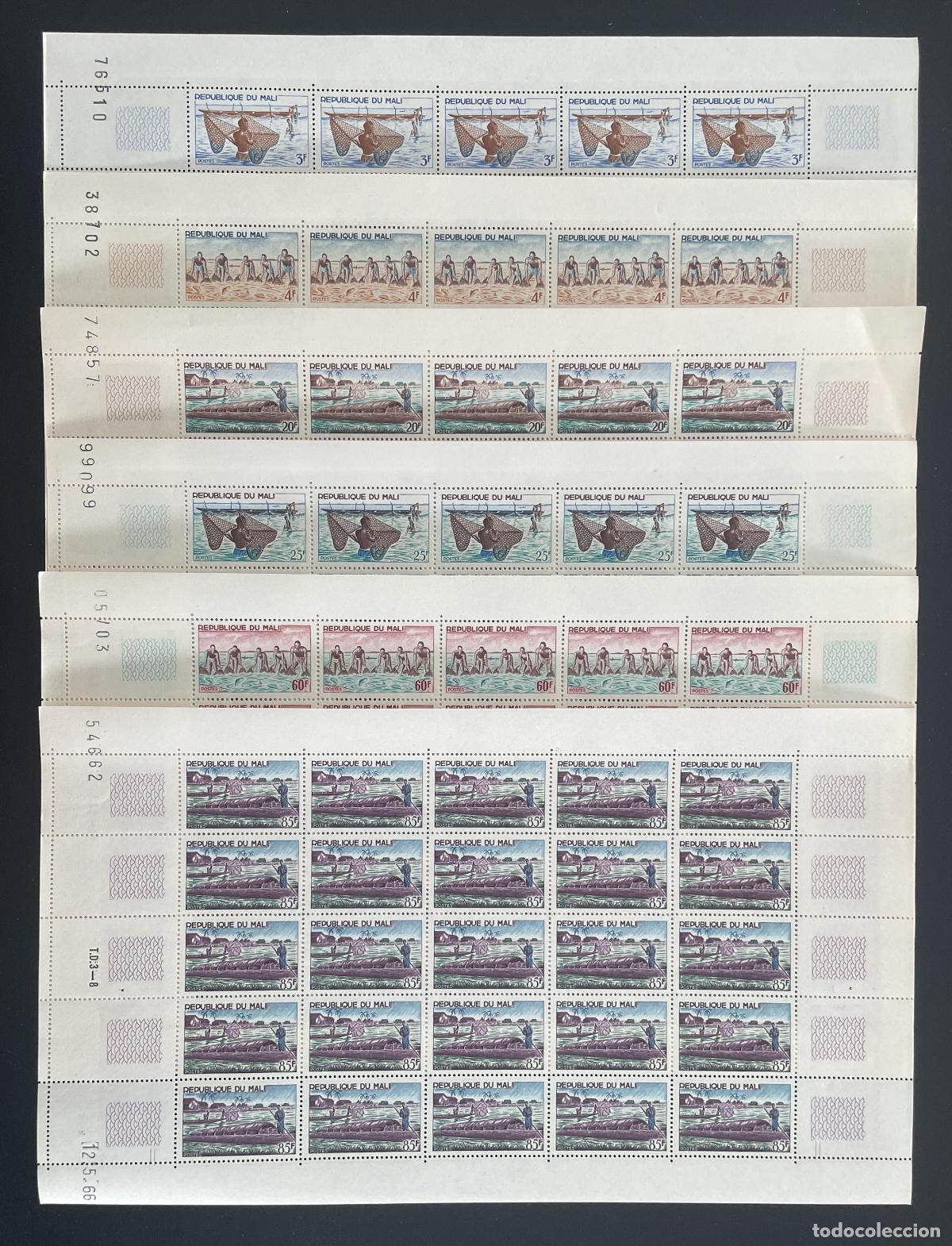 Sellos: Mali 1966 YT 90-95 plancha pesca piragua red Niger pez barco