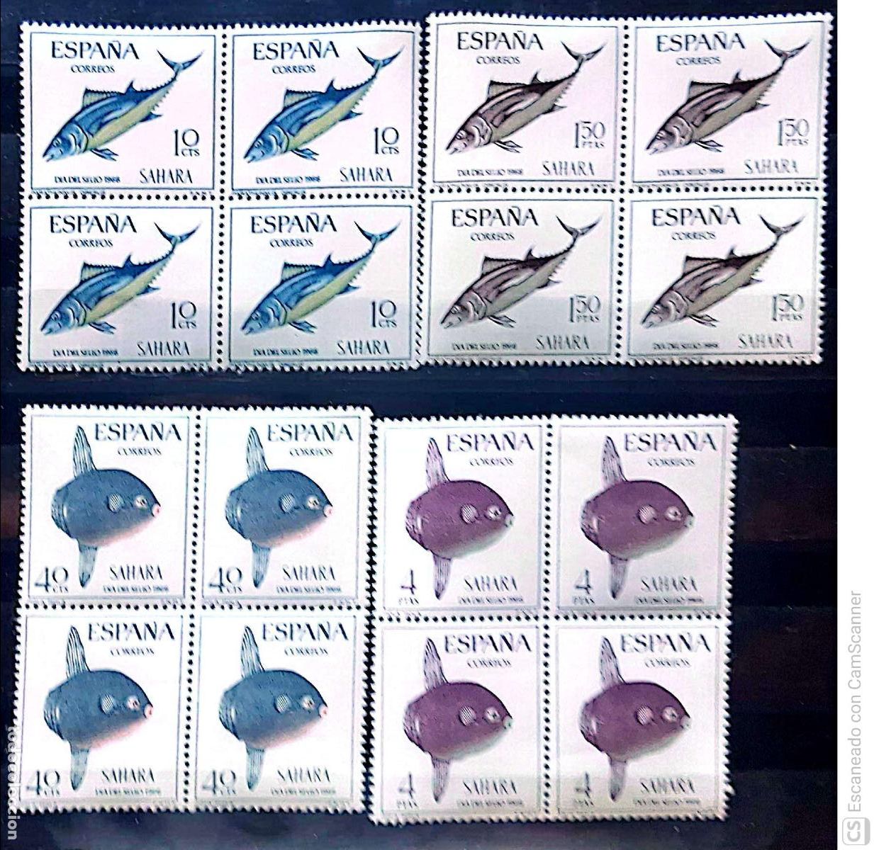 Sellos: Sahara. 252-55 Peces: At&uacute;n y pez luna, en bloque de cuatro. 1966. Sellos nuevos y numeraci&oacute;n Yvert.