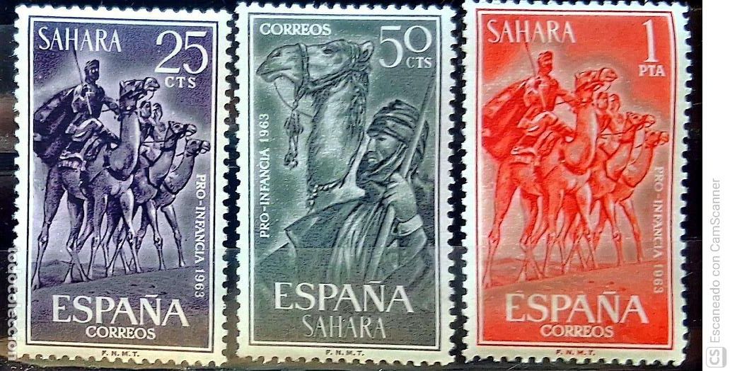 Sellos: Sahara. 217/19 Pro-Infancia: Camellos e ind&iacute;genas. 1963. Sellos nuevos y numeraci&oacute;n Yvert.