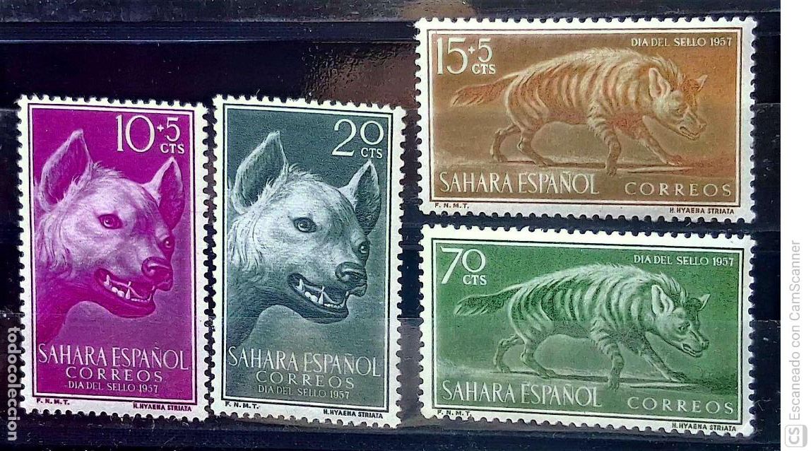 Sellos: Sahara. 142/45 D&iacute;a del sello: Hiena manchada ye hiena rayada. 1957. Sellos nuevos y numeraci&oacute;n Edifi