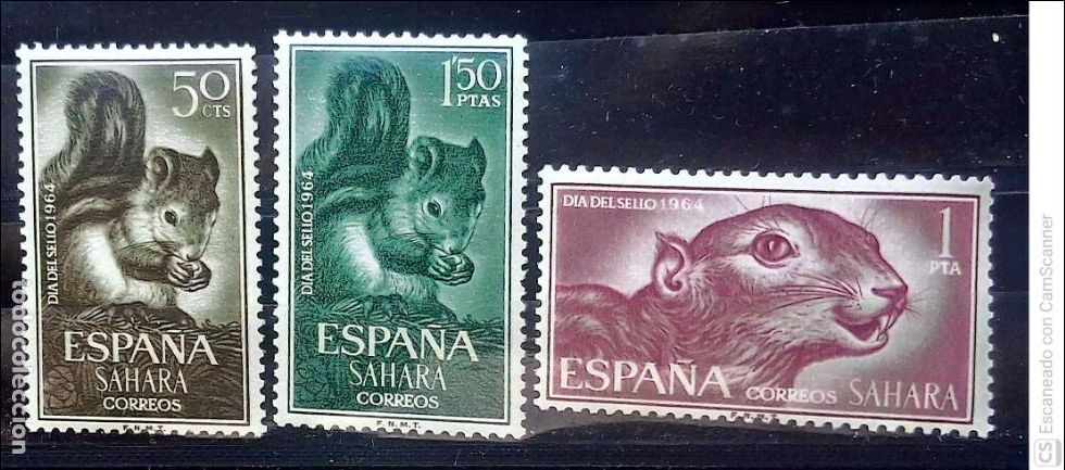 Sellos: Sahara. 236/38 D&iacute;a del Sello: Ardila y ardilla africana. 1964. Sellos nuevos y numeraci&oacute;n Edifil.