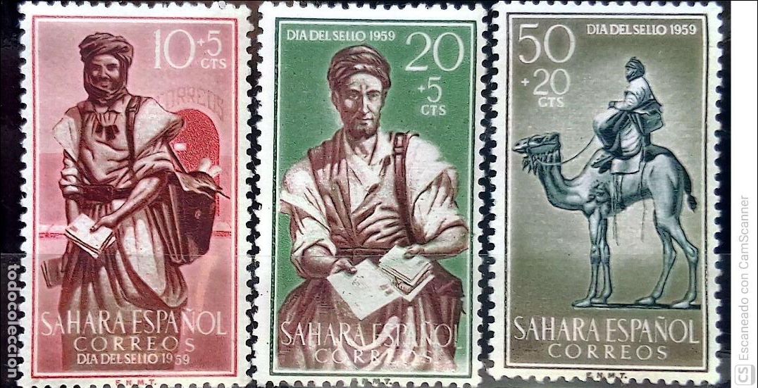 Sellos: Sahara. 169/71 D&iacute;a del Sello: Carteros saharauis y correo en dromedario. 1959. Sellos nuevos y numer