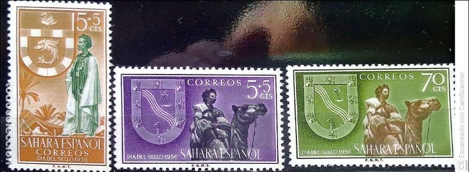 Sellos: Sahara. 130/32 D&iacute;a del Sello: Escudos de Villa Cisneros y El Aai&uacute;n: Camello e ind&iacute;genas. 1956. Sello