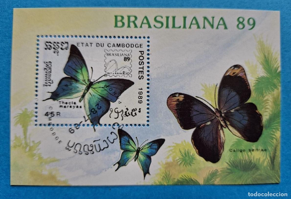 Sellos: Hoja Bloque CAMBOYA 1989 (MI KH BL170) BRASILIANA'89 Mariposas con matasello
