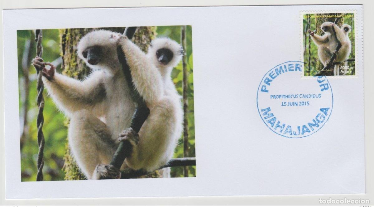 Sellos: Madagascar 2014/2015 FDC Primer d&iacute;a Mi. 2685 fauna de l&eacute;mures Propithecus candidus