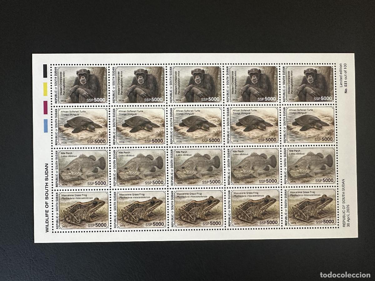 Stamps: Sud&aacute;n del Sur 2026 fauna chimpanc&eacute; tortuga perca Nilo rana