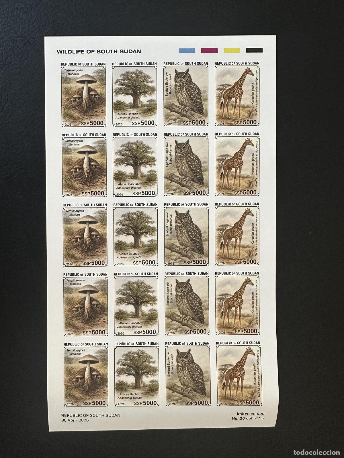 Stamps: Sud&aacute;n del Sur 2026 tabl&oacute;n ND fauna champi&ntilde;&oacute;n baobab b&uacute;ho jirafa