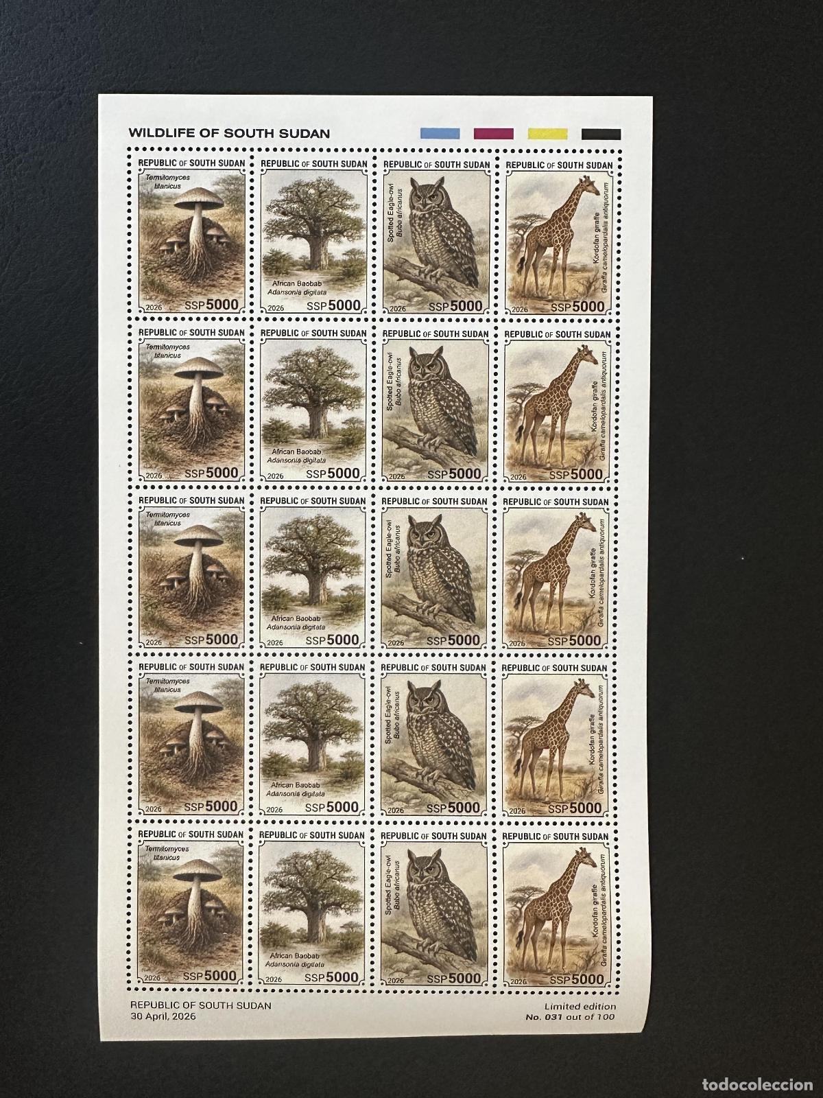 Stamps: Sud&aacute;n del Sur 2026 hoja seta b&uacute;ho jirafa baobab fauna silvestre