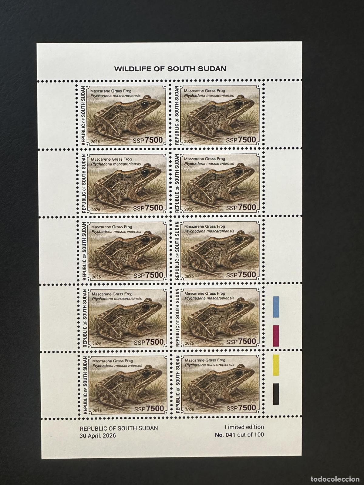 Stamps: Sud&aacute;n del Sur 2026 hoja rana Ptychadena mascareniensis fauna