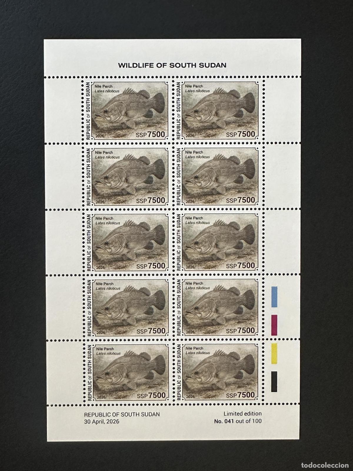 Stamps: Sud&aacute;n del Sur 2026 hoja perca Nilo Lates niloticus pez fauna