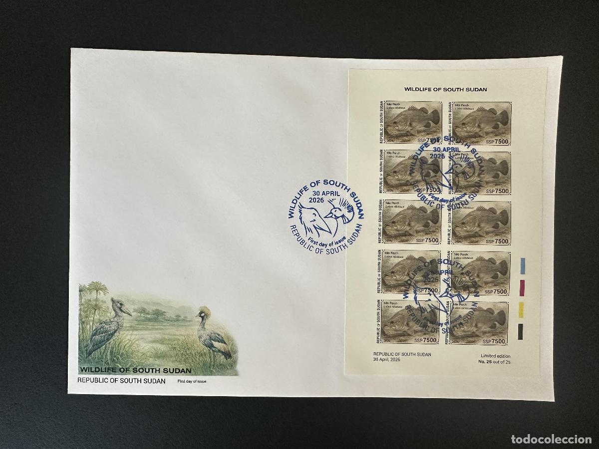 Stamps: Sud&aacute;n del Sur 2026 M/S FDC ND Perca Nilo Lates niloticus fauna pez