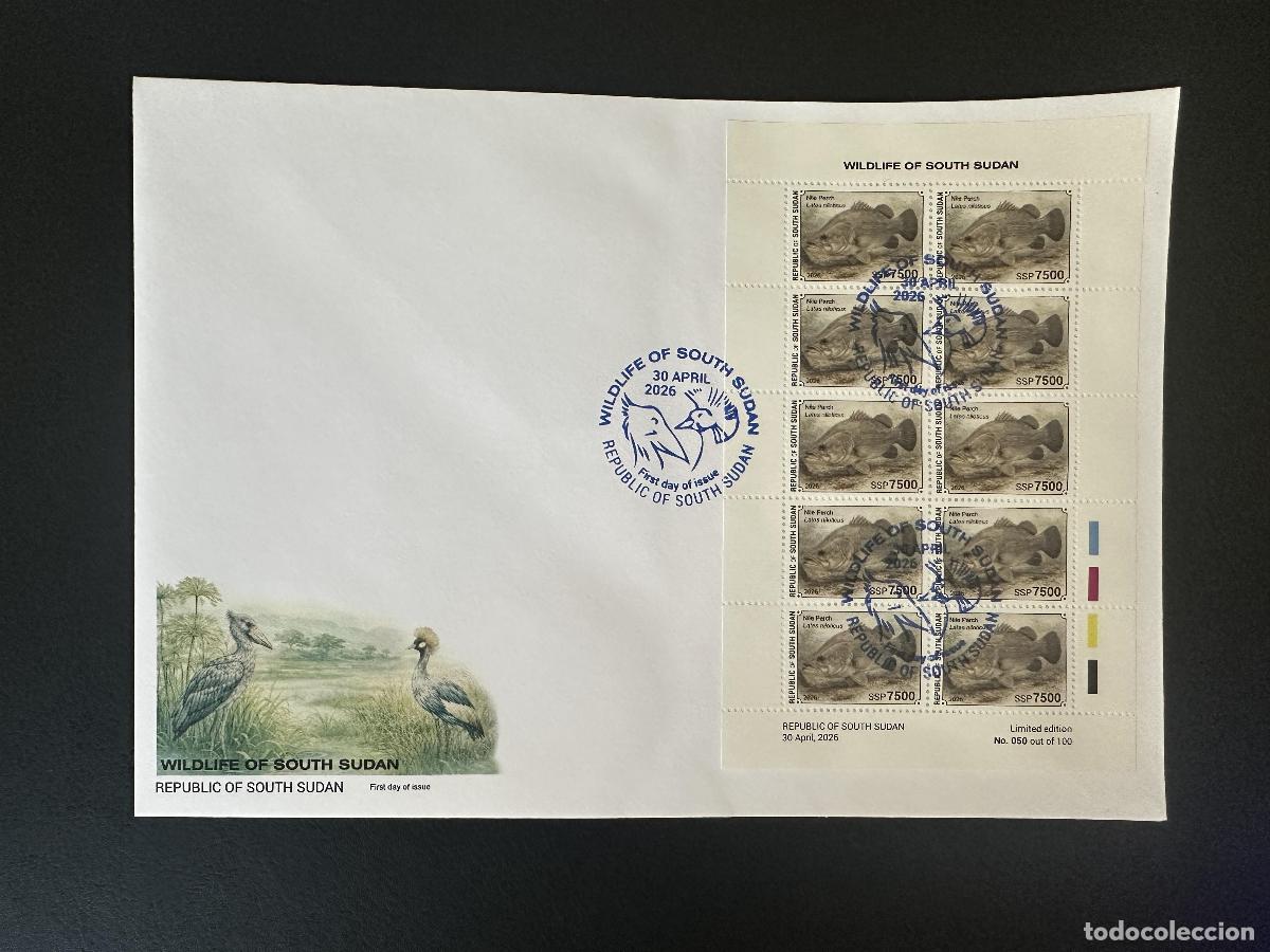 Sellos: Sud&aacute;n del Sur 2026 M/S FDC Perca Nilo fauna silvestre pez hoja