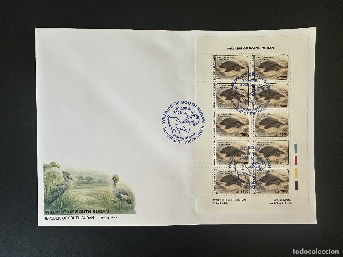 Sellos: Sud&aacute;n del Sur 2026 M/S FDC Tortuga blanda africana Trionyx triunguis fauna
