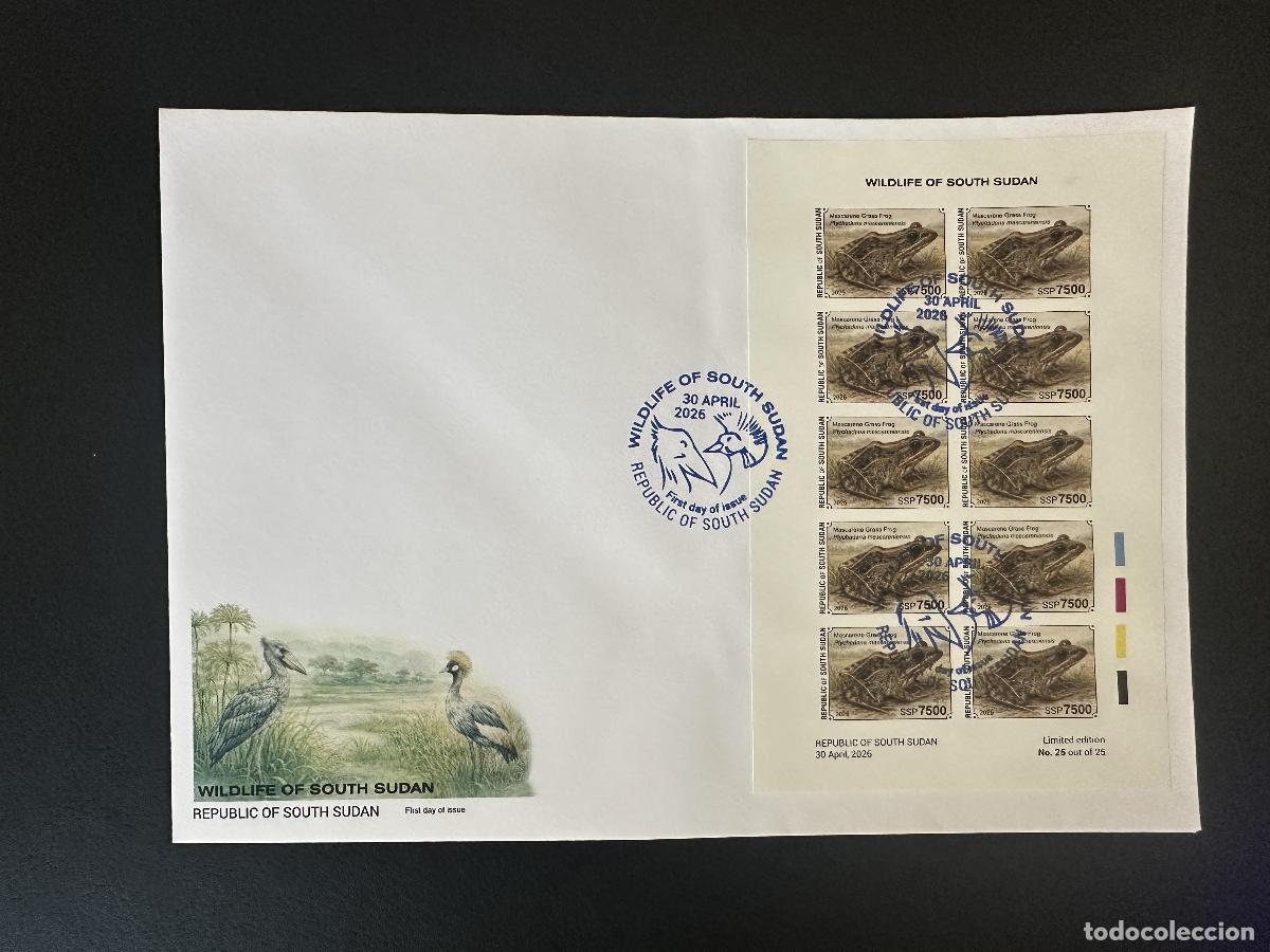 Sellos: Sud&aacute;n del Sur 2026 M/S FDC ND Rana Ptychadena Fauna Anfibios Hoja