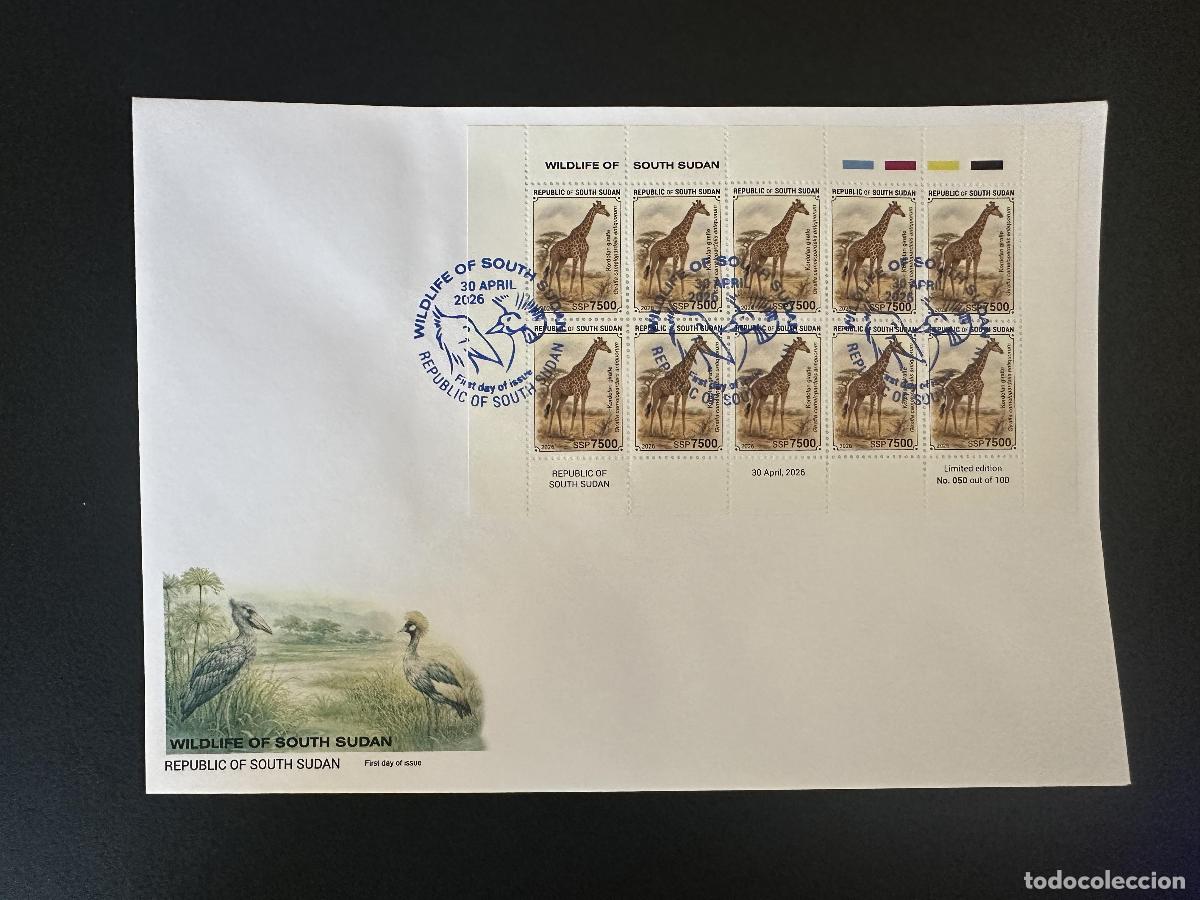 Sellos: Sud&aacute;n del Sur 2026 M/S FDC Jirafa Kordofan fauna salvaje &Aacute;frica