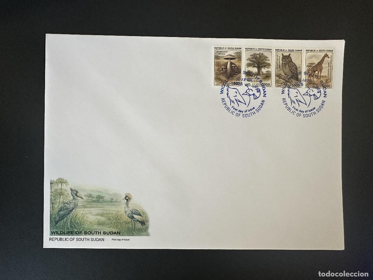 Sellos: Sud&aacute;n del Sur 2026 FDC fauna hongo b&uacute;ho jirafa grulla coronada