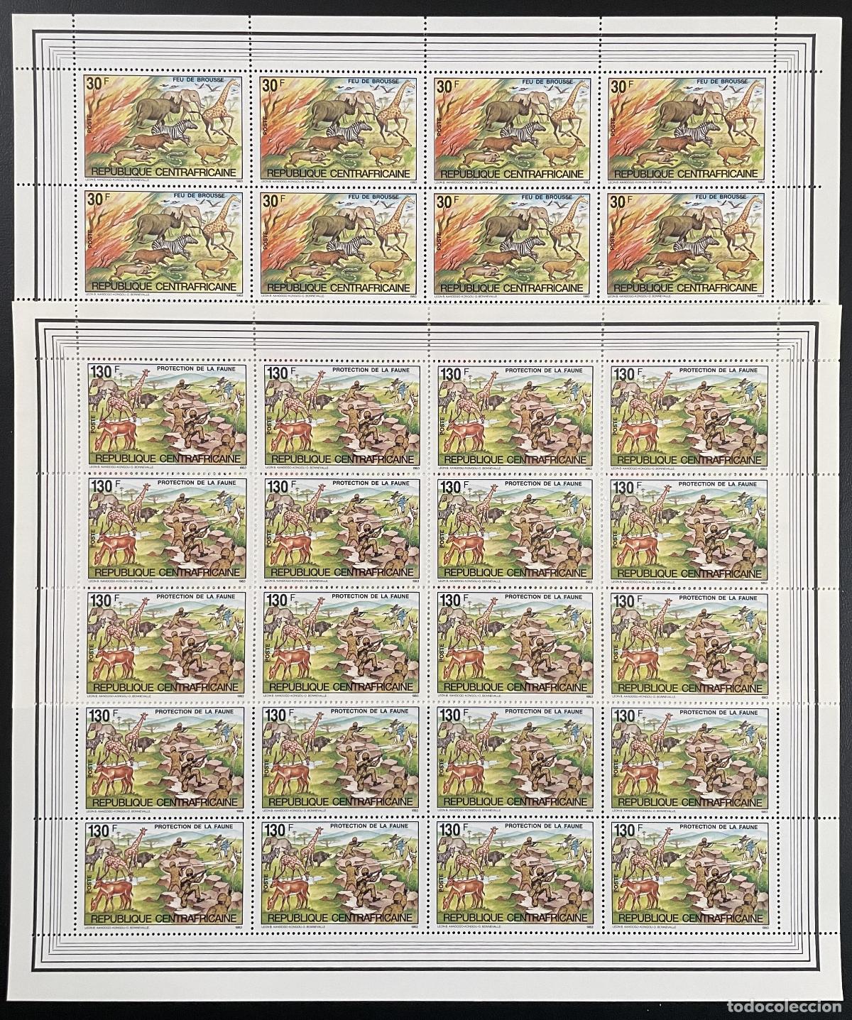Sellos: Centroafricano 1984 YT 602-603 tabl&oacute;n vida silvestre arbusto serpiente elefante animales