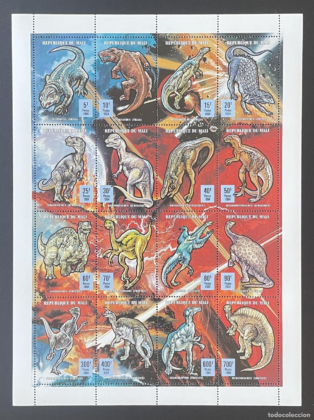 Sellos: Mali 1994 YT 606-621 bloque dinosaurios prehistoria Tri&aacute;sico Cret&aacute;cico