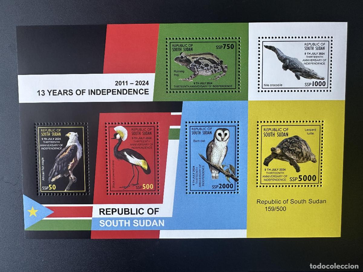 Sellos: Sud&aacute;n del Sur 2024 Mi. Bl. 3 Fauna: aves presas: ranas b&uacute;hos p&aacute;jaros V&ouml;gel