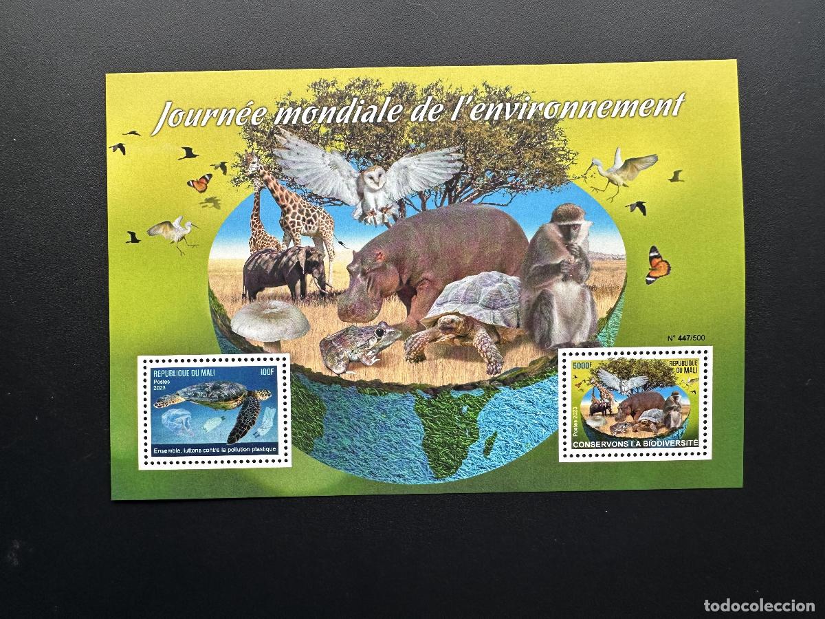 Sellos: Mali de mayo 2023. &iquest;Bl.? medio ambiente fauna p&aacute;jaro tortuga b&uacute;ho mono hongo