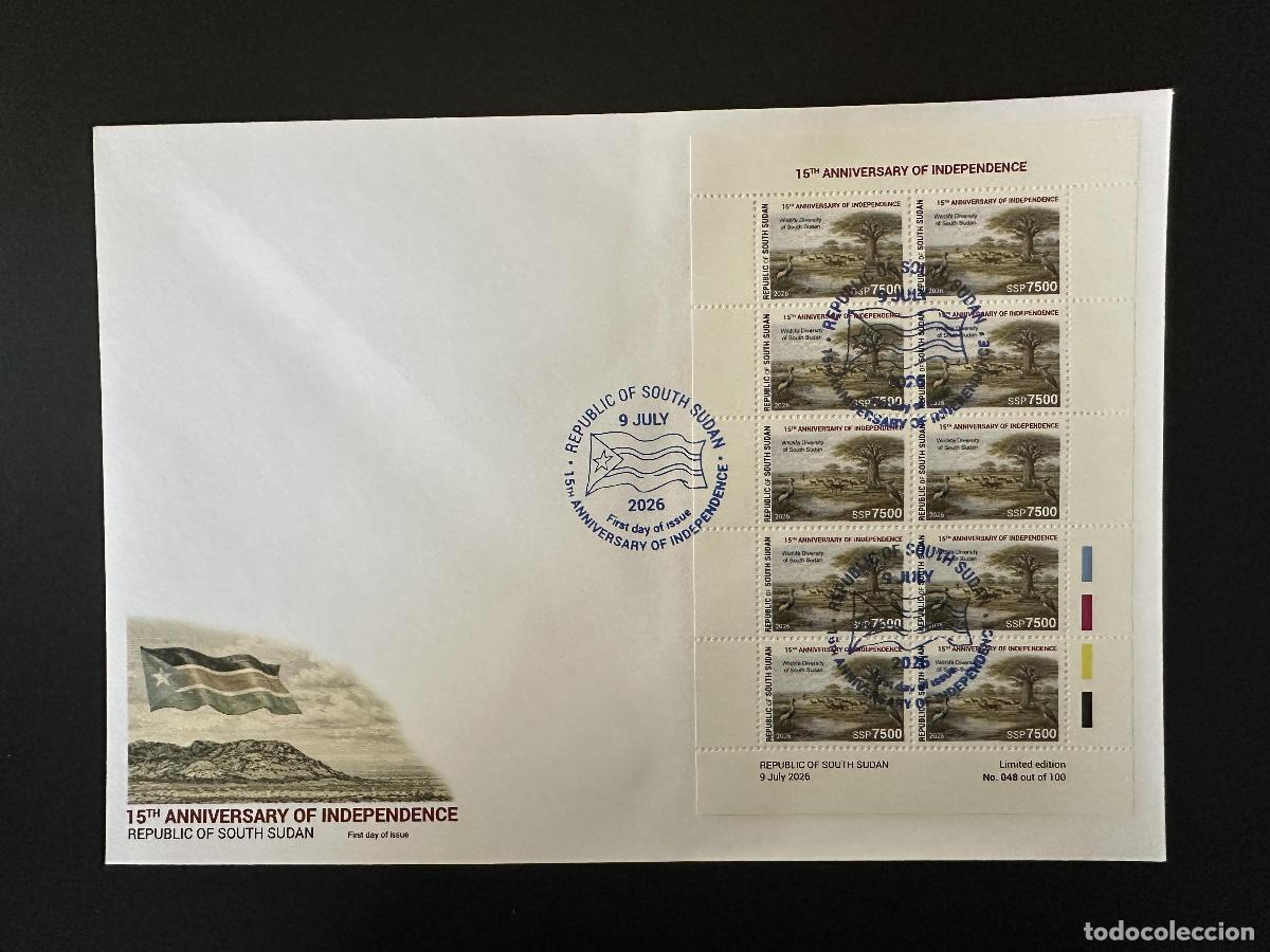 Sellos: Sud&aacute;n del Sur 2026 M/S FDC independencia fauna baobab bandera ed. limitada