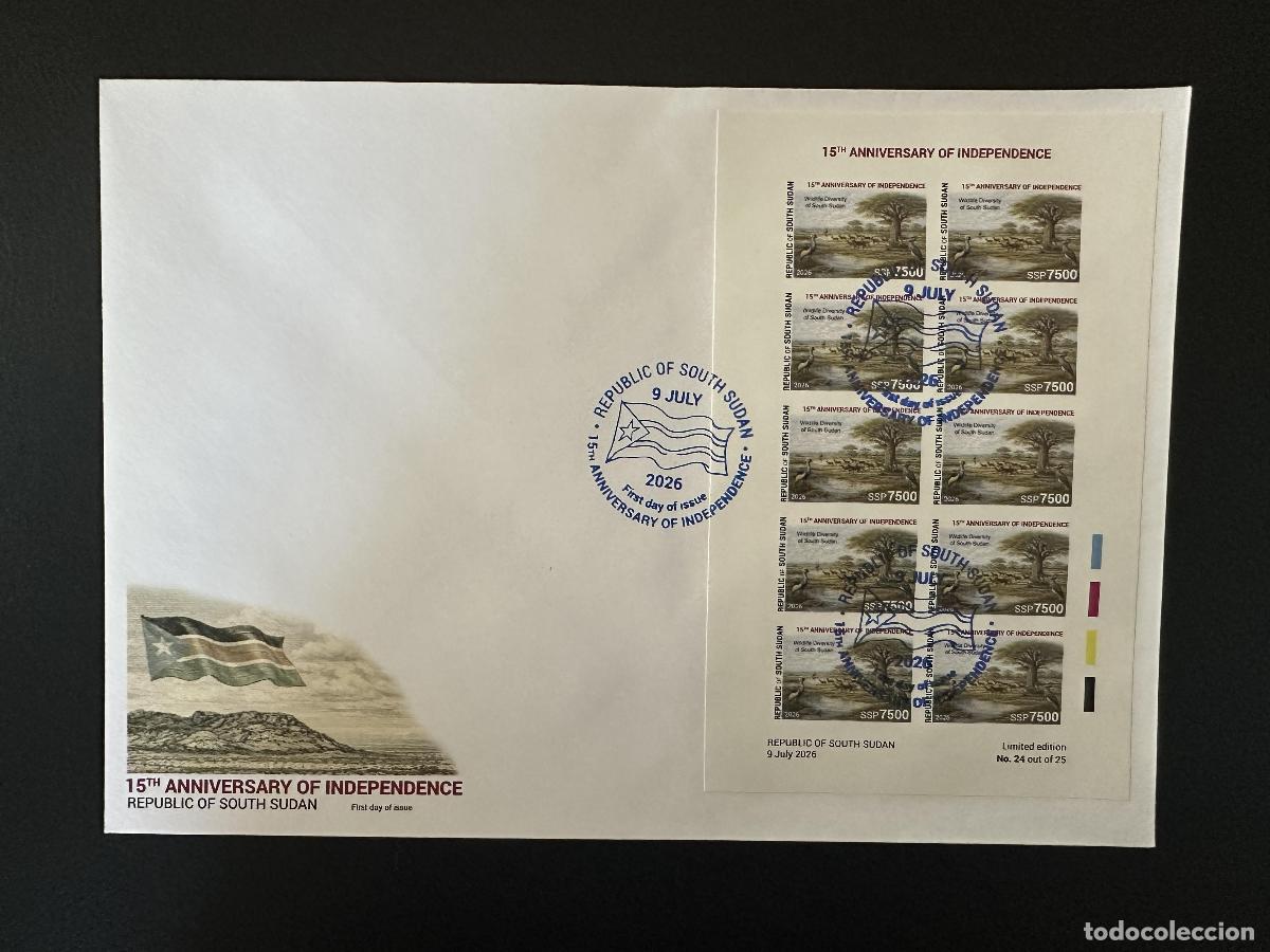 Sellos: Sud&aacute;n del Sur 2026 FDC ND hoja 15 aniv independencia fauna sin perforar