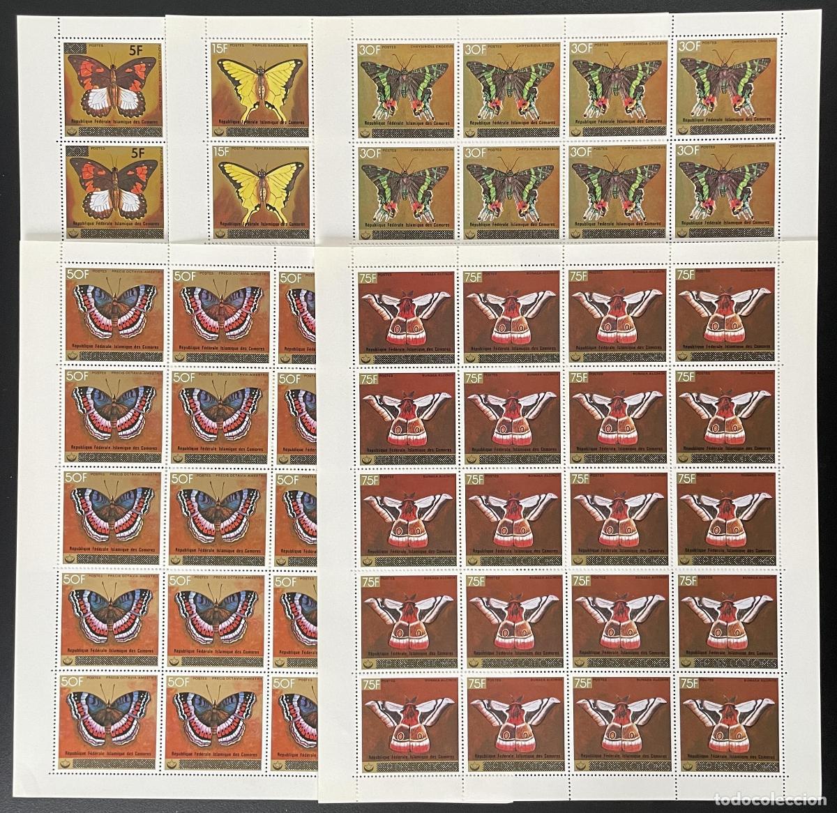 Sellos: Comoras 1979 YT 260-264 tabl&oacute;n sobrecargado mariposas vida silvestre insectos naturaleza