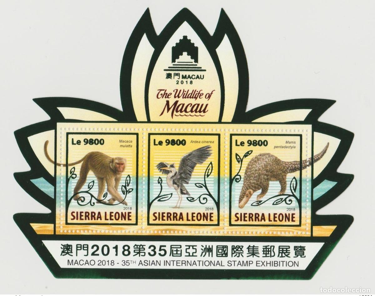 Sellos: Sierra Leona 2018 Mi. &iquest;Bl.? Frustra la vida silvestre de Macao el mono garza.