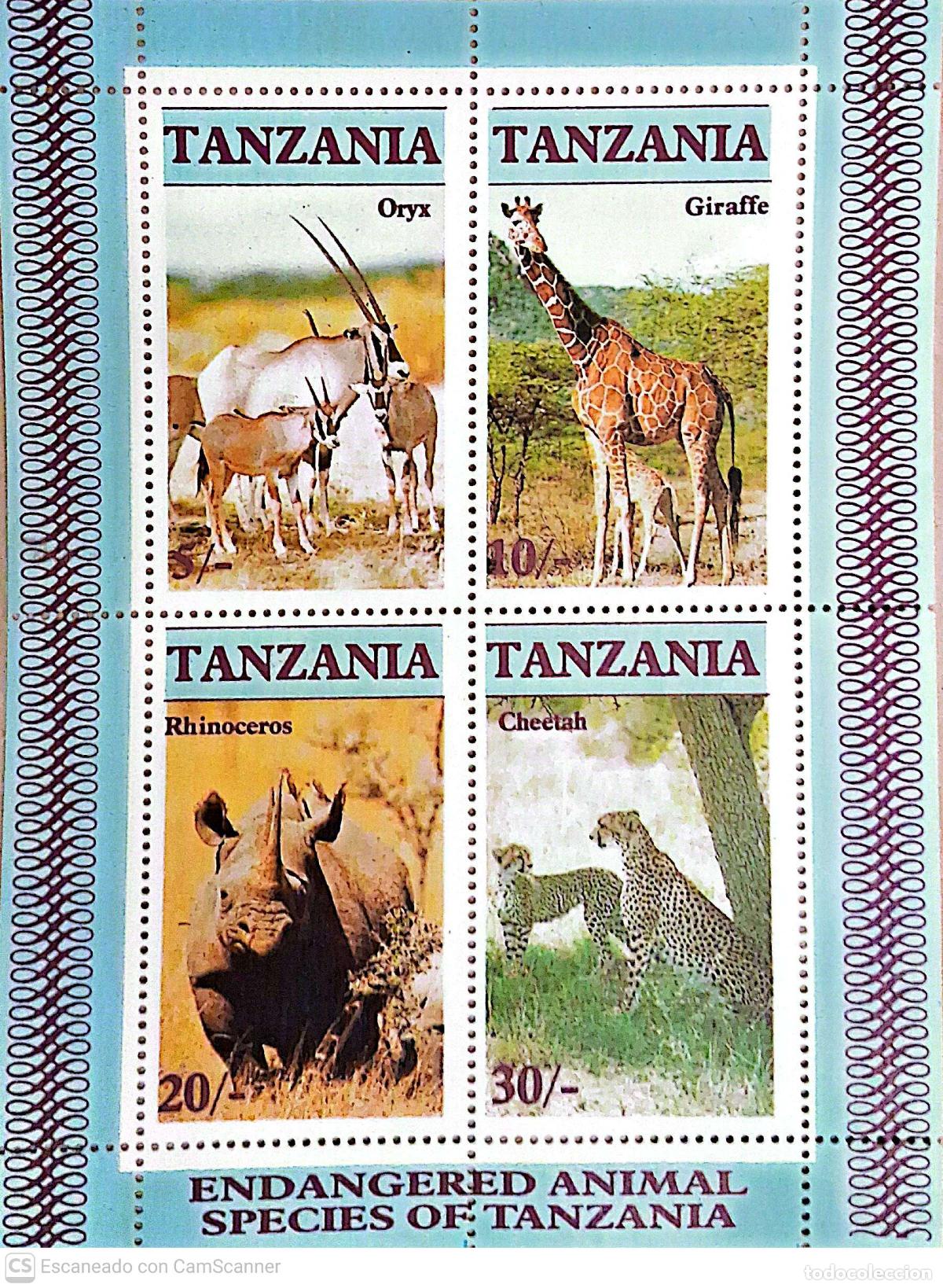 Sellos: Tanzania. HB 47 Animales en extinci&oacute;n: Oryx, jirafa, rinoceronte y guepardo. 1986. Sellos nuevos y