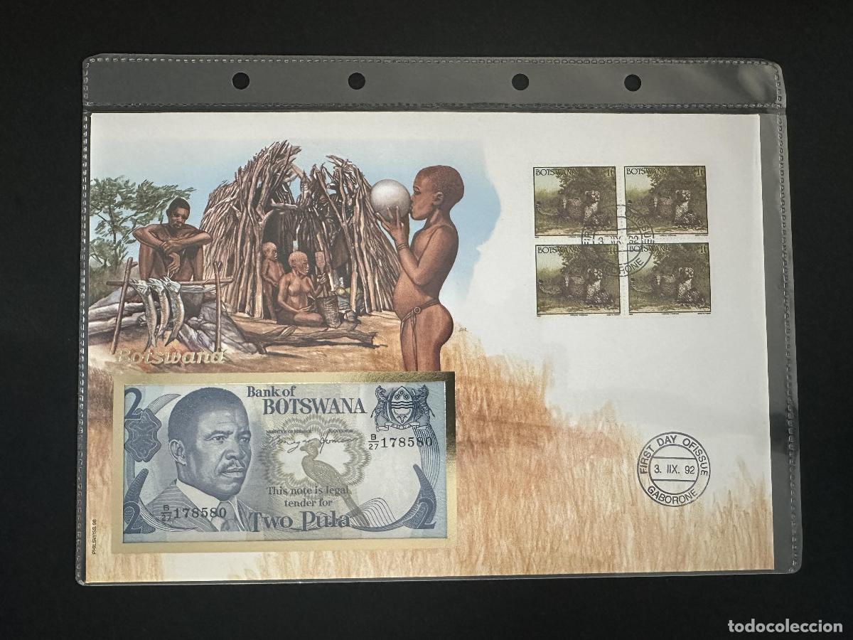 Sellos: Botswana sobre numism&aacute;tico FDC billete 2 Pula sellos bloque 1992