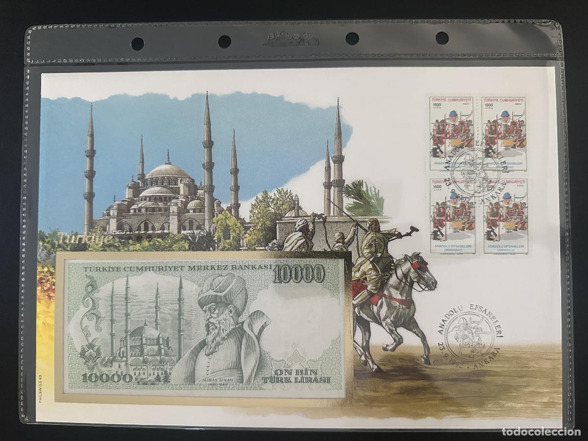 Sellos: Turqu&iacute;a sobre numism&aacute;tico billete 10000 Liras sellos 1992 Ankara