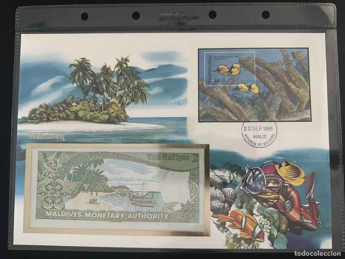 Sellos: Maldivas 1986 Philswiss sobre numism&aacute;tico bloque pez billete