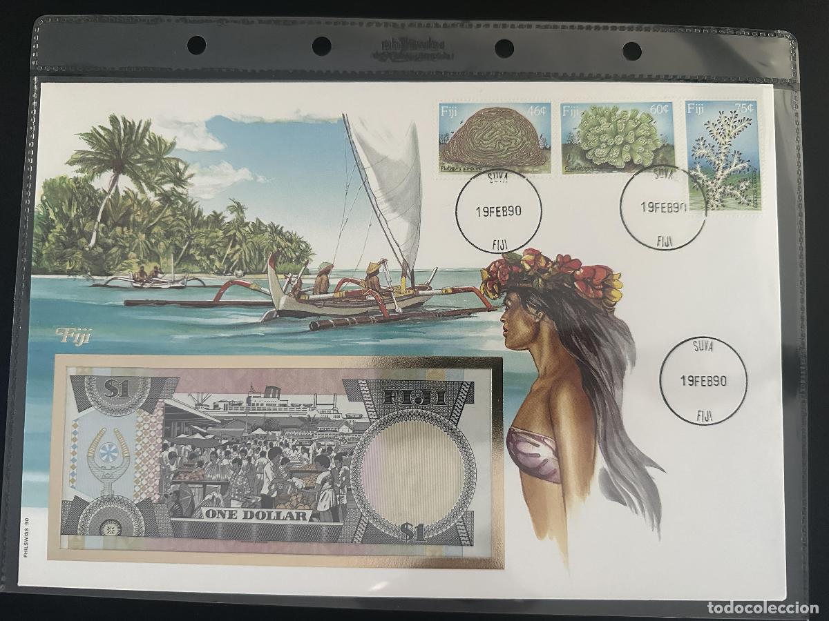 Sellos: Fiji 1990 sobre numism&aacute;tico billete 1 d&oacute;lar sellos corales Suva