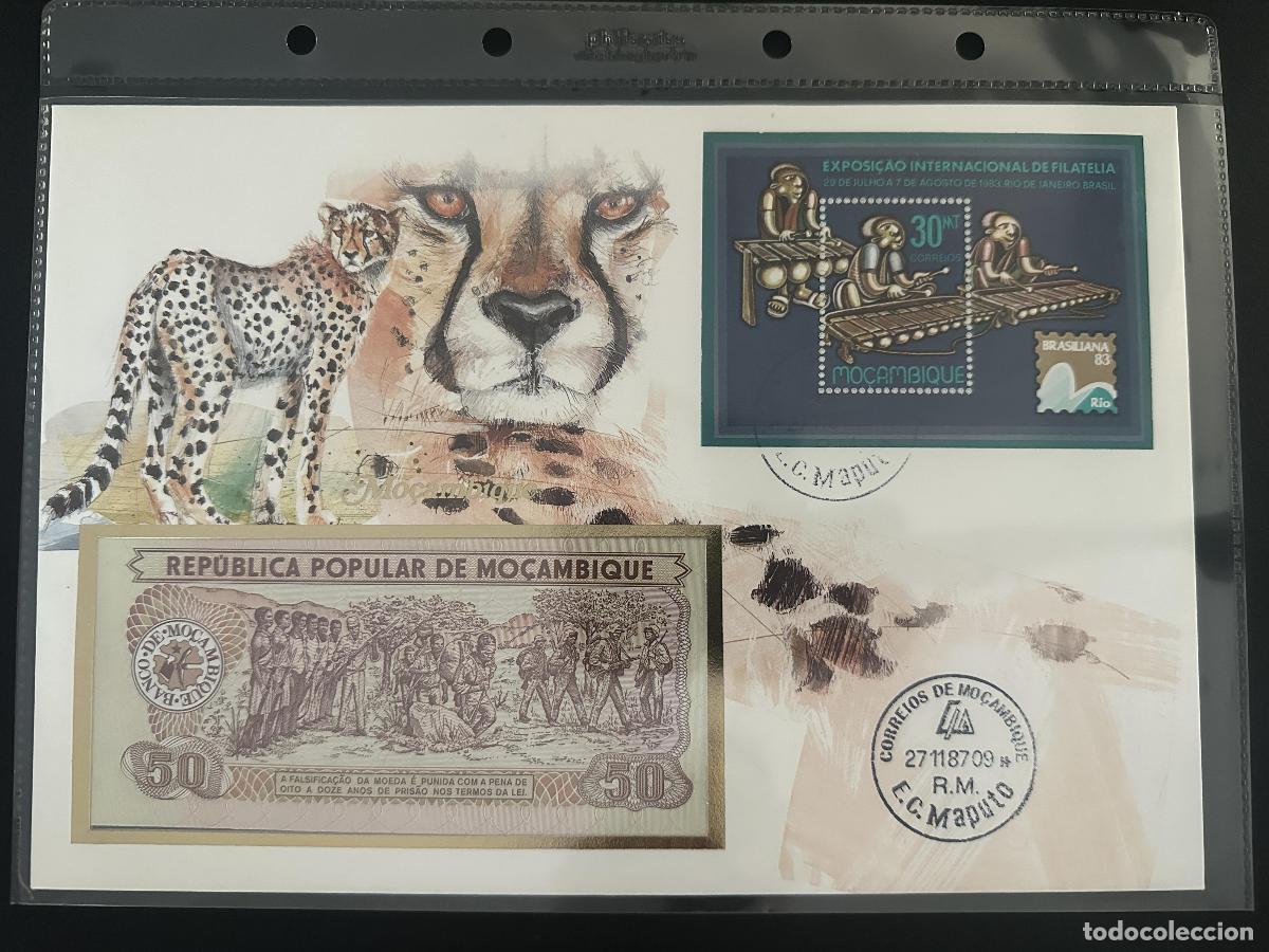 Sellos: Mozambique sobre numism&aacute;tico billete 50 bloque Brasiliana 1983