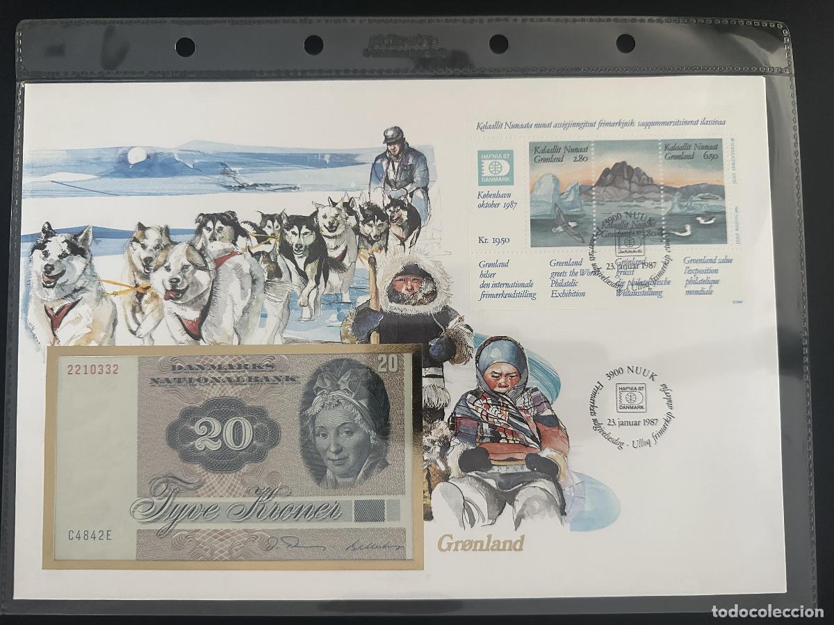 Sellos: Groenlandia sobre numism&aacute;tico Hafnia 87 billete 20 Kroner 1987
