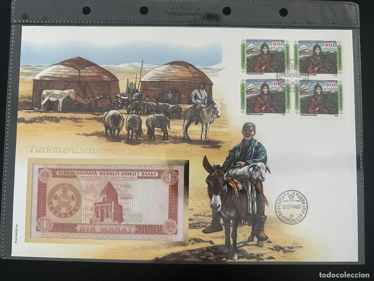 Sellos: Turkmenist&aacute;n 1992 Philswiss sobre numism&aacute;tico billete 1 Manat