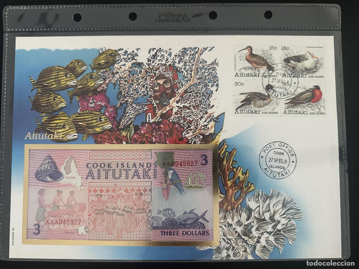 Sellos: Aitutaki Cook Islands 1993 Philswiss FDC aves billete 3 d&oacute;lares