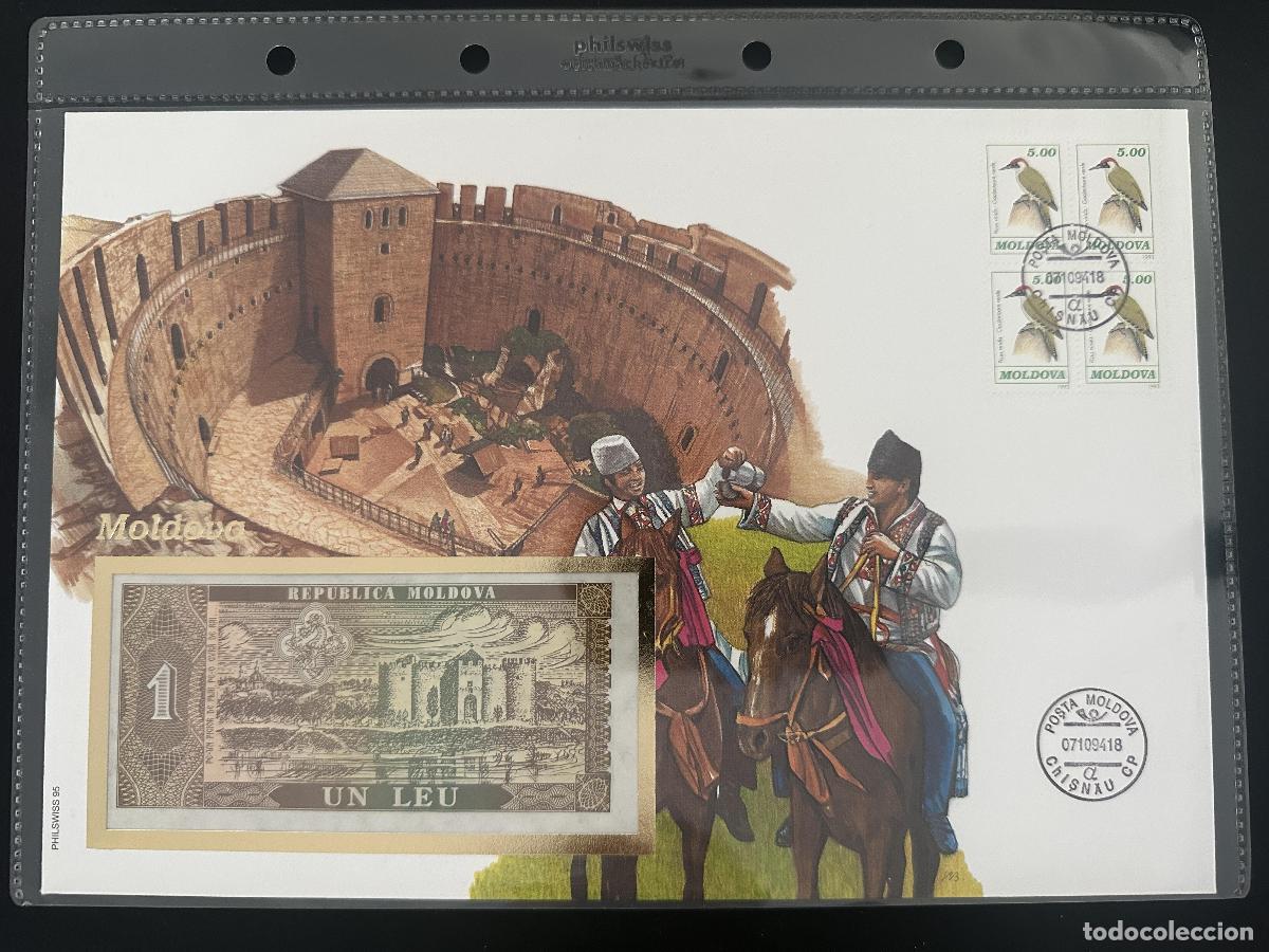 Sellos: Moldavia sobre numism&aacute;tico Philswiss billete 1 Leu sellos p&aacute;jaros