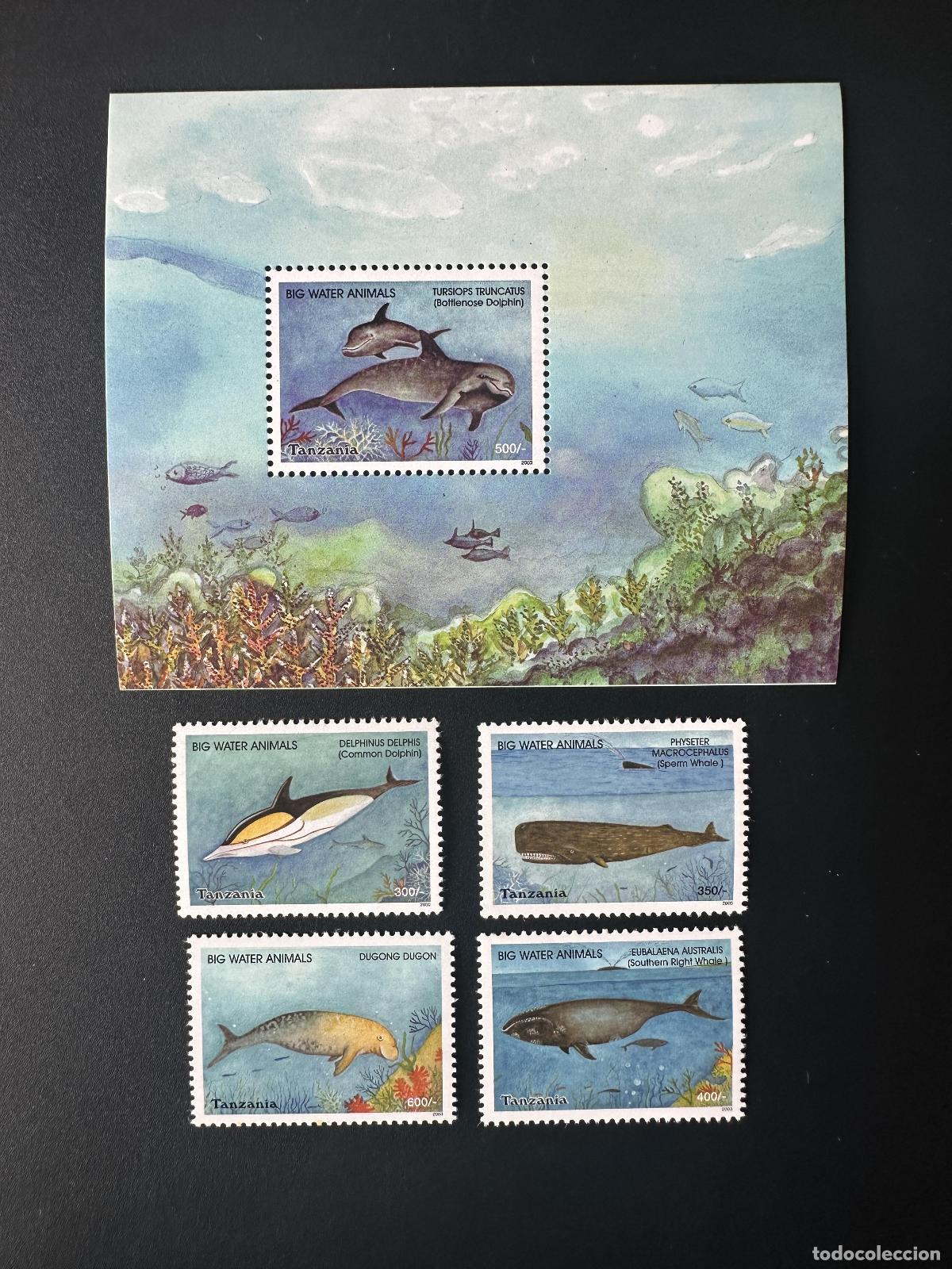 Sellos: Tanzania 2003 Mi. 4117 - 4120 Bl. 549 Fauna marina Delfines Ballena Dugongo