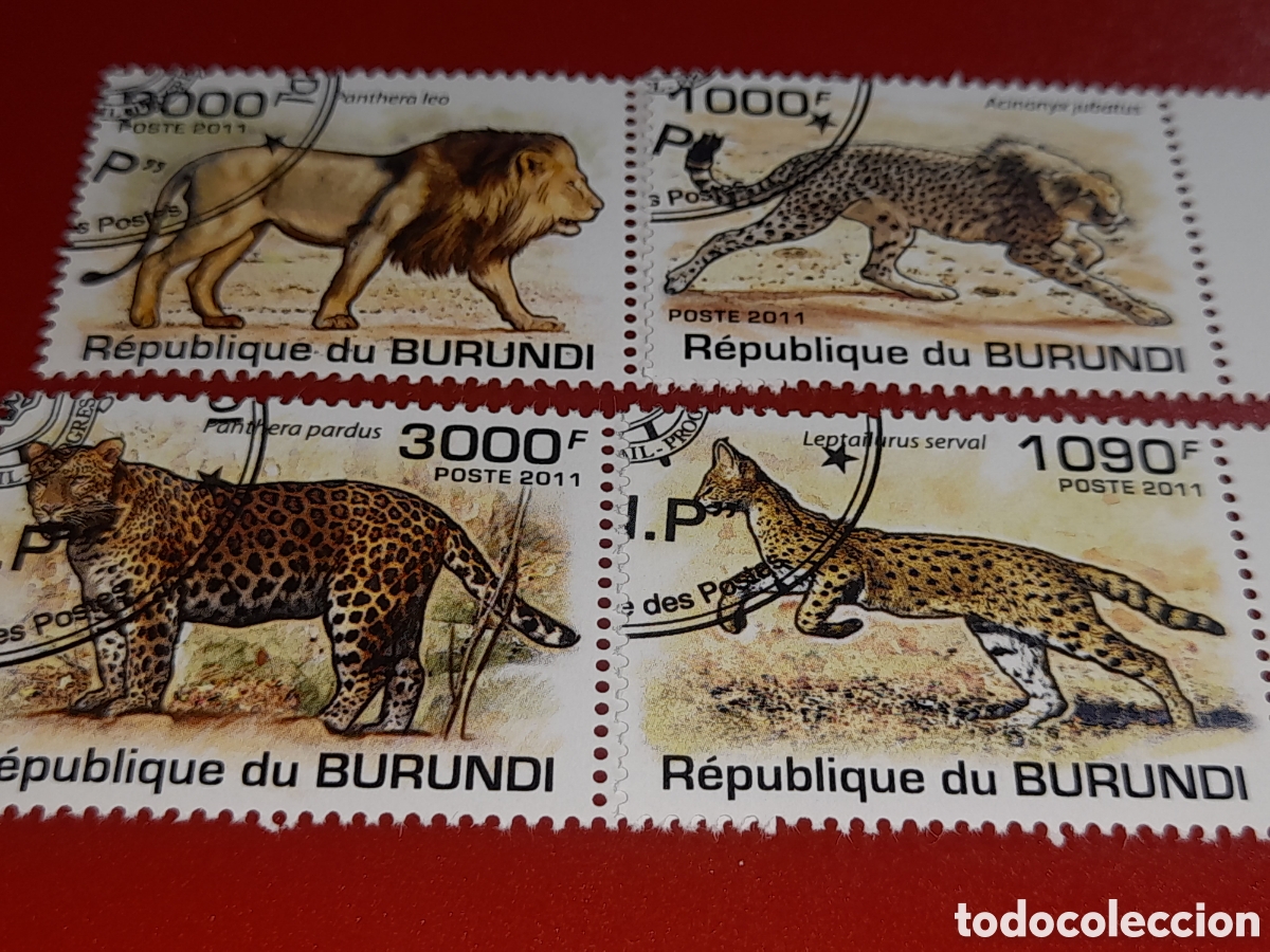 Sellos: Sello Burundi mtdo 2011. Animales salvajes. Felinos. Fauna. Pantera. Le&oacute;n. Tigre. Mam&iacute;feros. Depreda