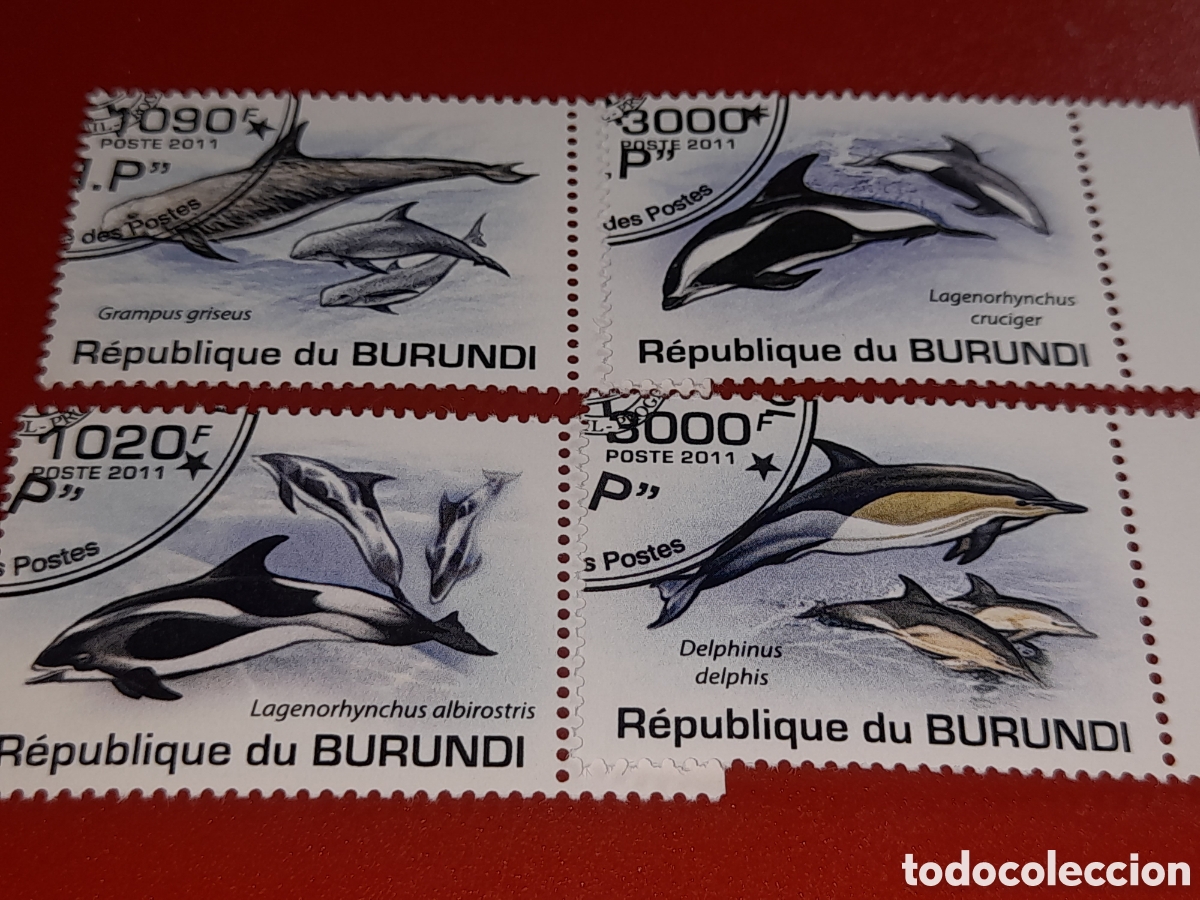 Sellos: Sello Burundi mtdo 2011. Fauna, vida marina. Mam&iacute;feros. Orca. Cet&aacute;ceos. Delf&iacute;n. Pescado. Peces.