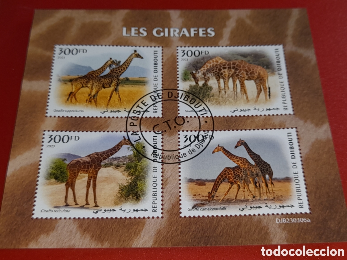 Sellos: HB Djibouti mtdo 2023. Jirafas. Animales salvajes. Sabana. Mam&iacute;feros. Ungulados. Herb&iacute;voros.