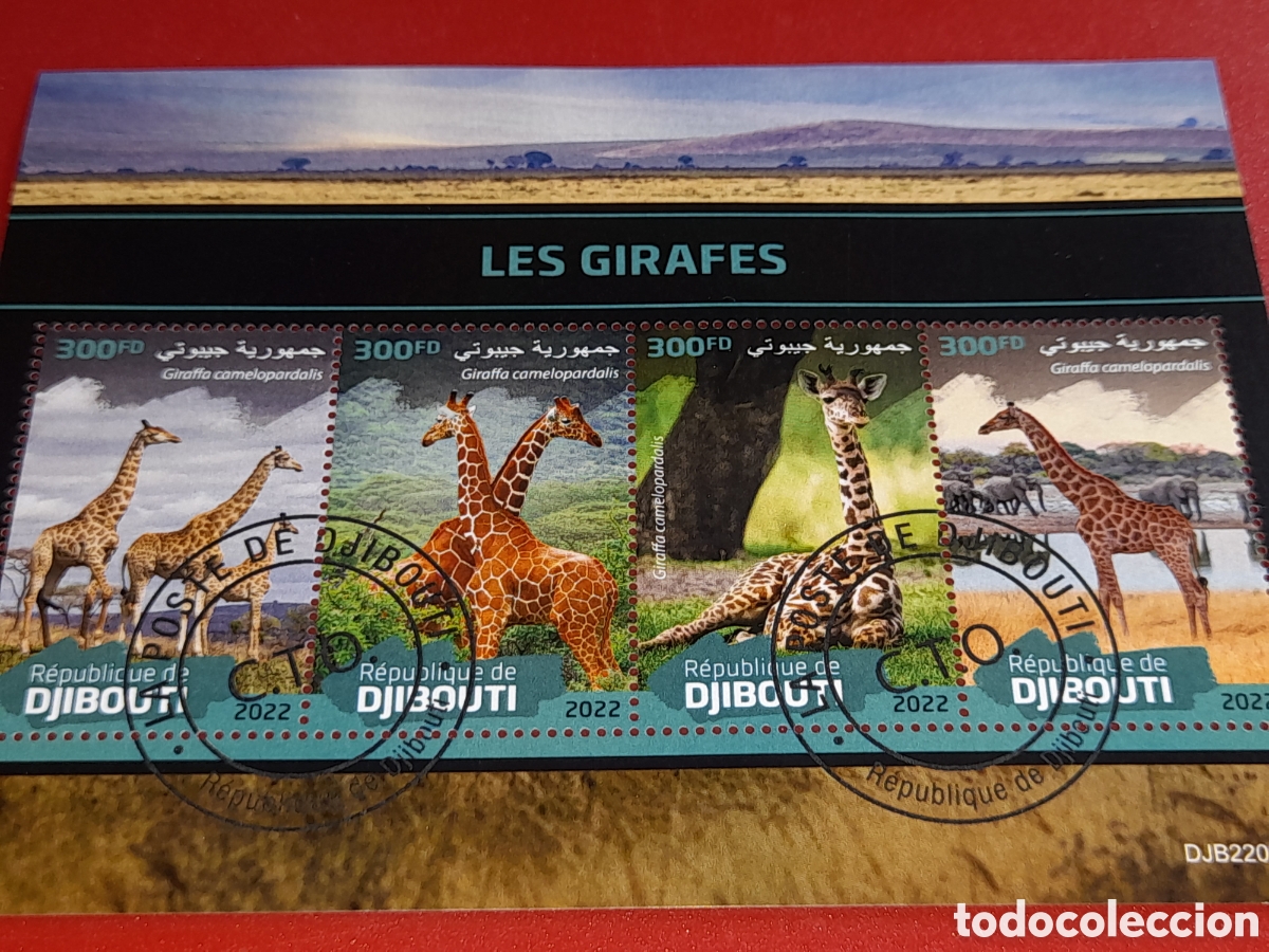 Sellos: HB Djibouti mtdo 2022. Jirafas. Animales salvajes. Sabana. Mam&iacute;feros. Ungulados. Herb&iacute;voros.