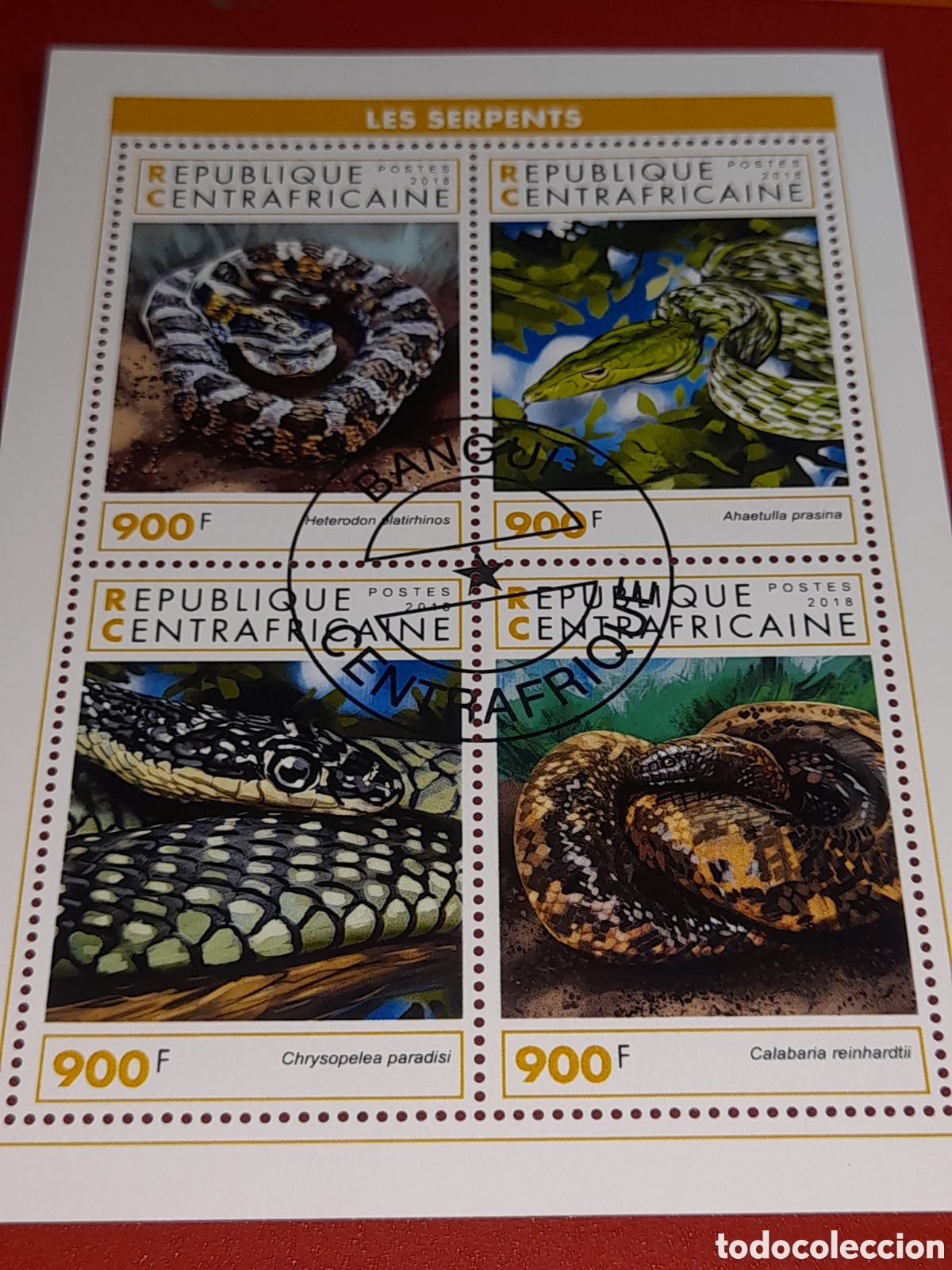 Sellos: HB Centroafricana mtda 2018. Serpientes. Reptiles. Fauna. Animales salvajes. Boa. Cobra. Piton