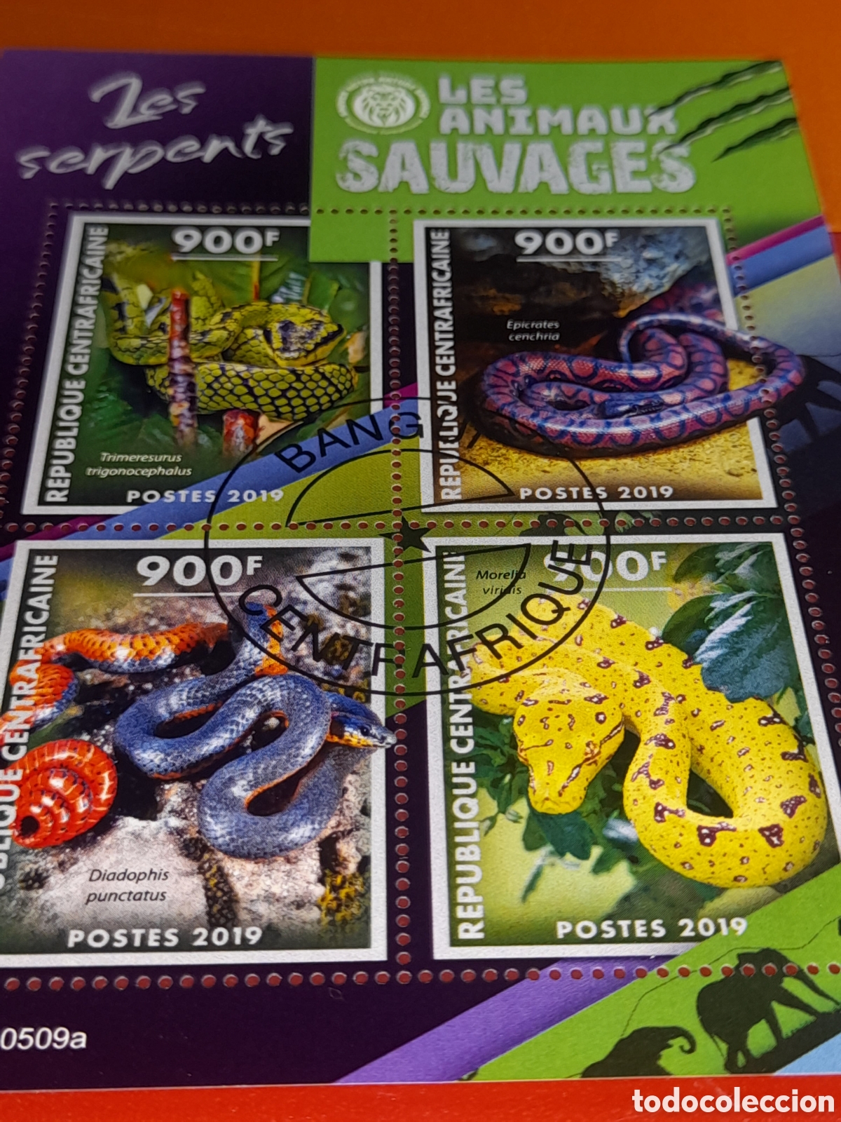 Sellos: HB Centroafricana mtdo 2019. Serpientes. Aniamles salvajes. Venenosos. Pit&oacute;n. Cobra. Boa. Culebra