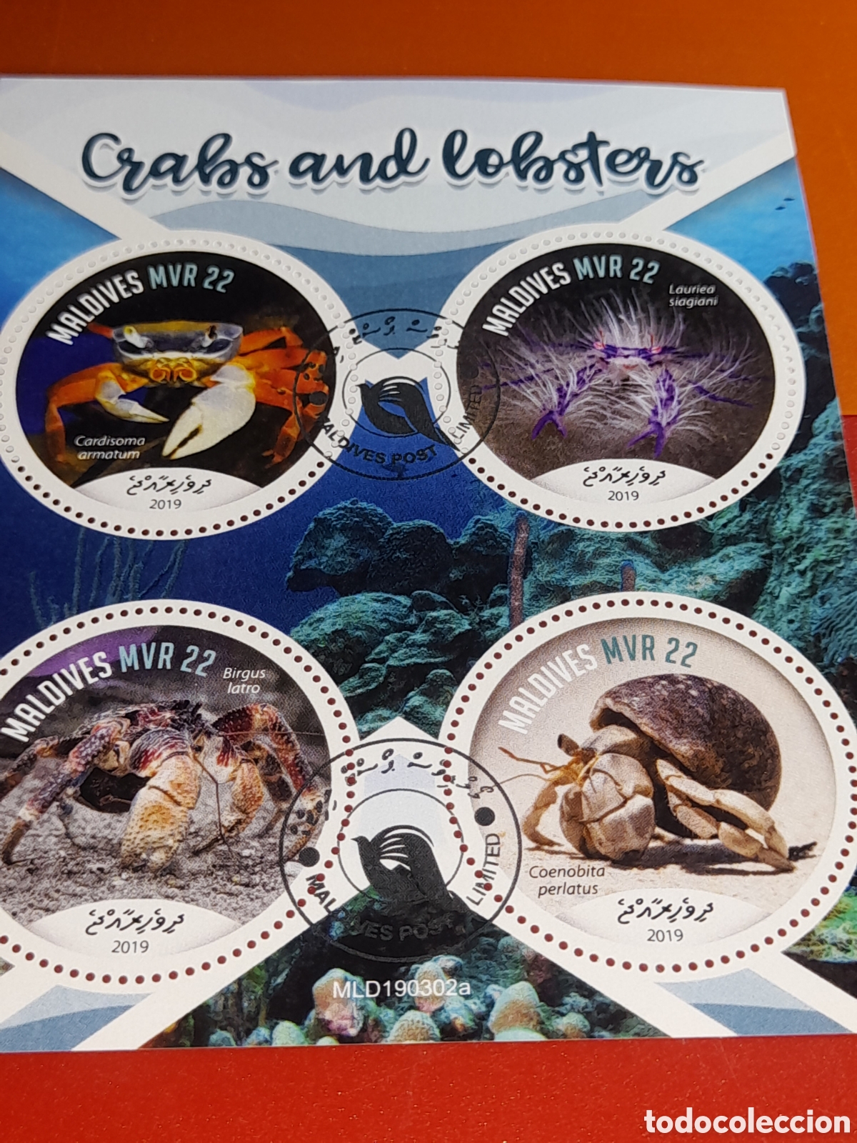 Sellos: HB Maldivas mtdo 2019. Animales, fauna marina. Crustaceos. Cangrejos.