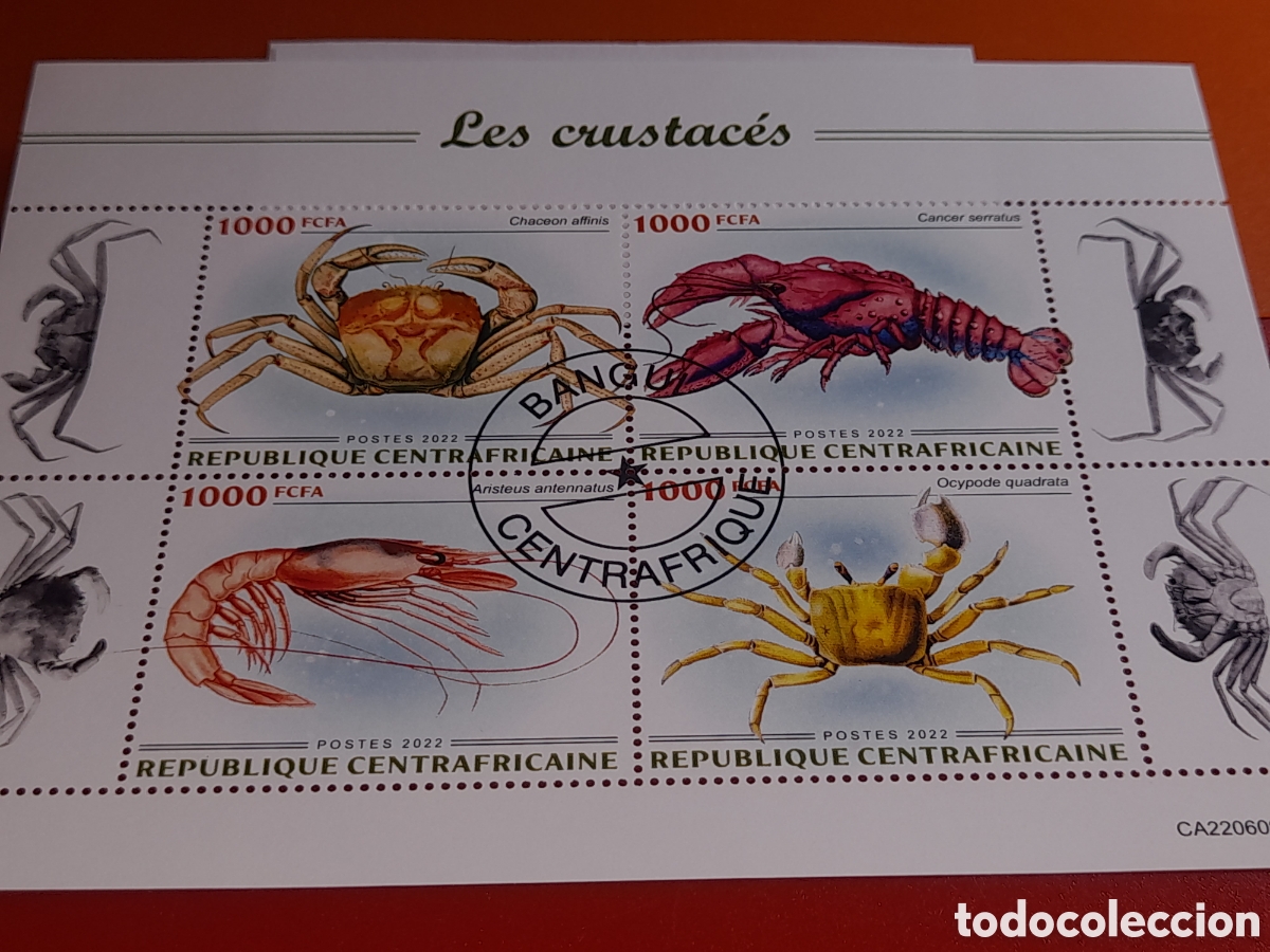 Sellos: HB Centroafricana mtdo 2022. Animales, vida, fauna marina. Crust&aacute;ceos. Cangrejo. Langosta. Gambon.