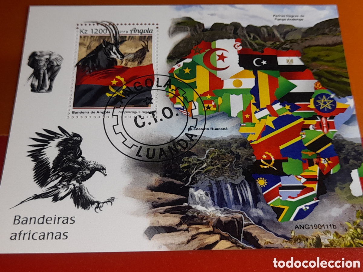 Sellos: HB Angola mtdo 2019. Banderas y fauna de &Aacute;frica. Naturaleza. Cascada. Aves. &Aacute;guila. Monta&ntilde;as.